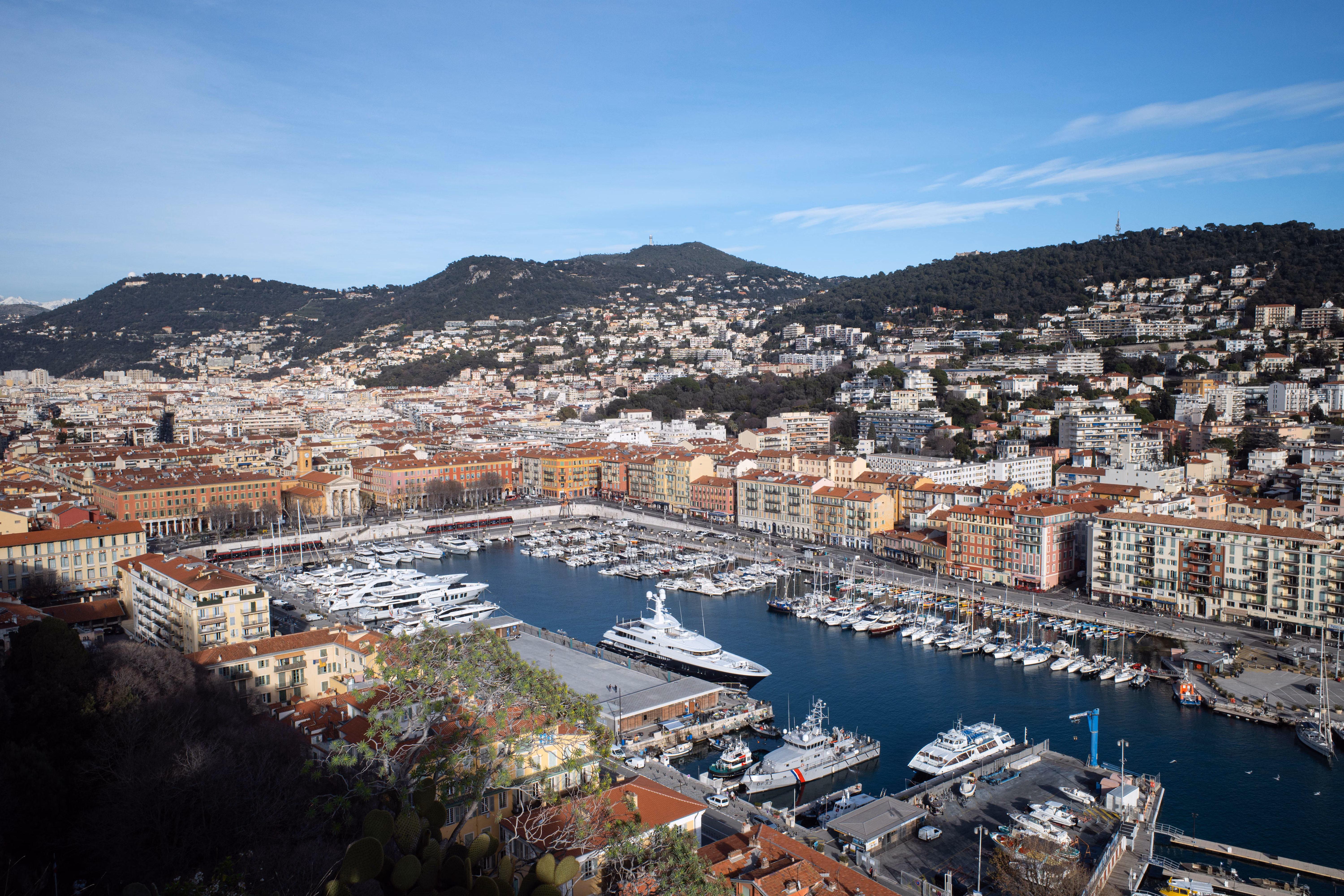 The port of Nice, France, showing working harbour and seafront.